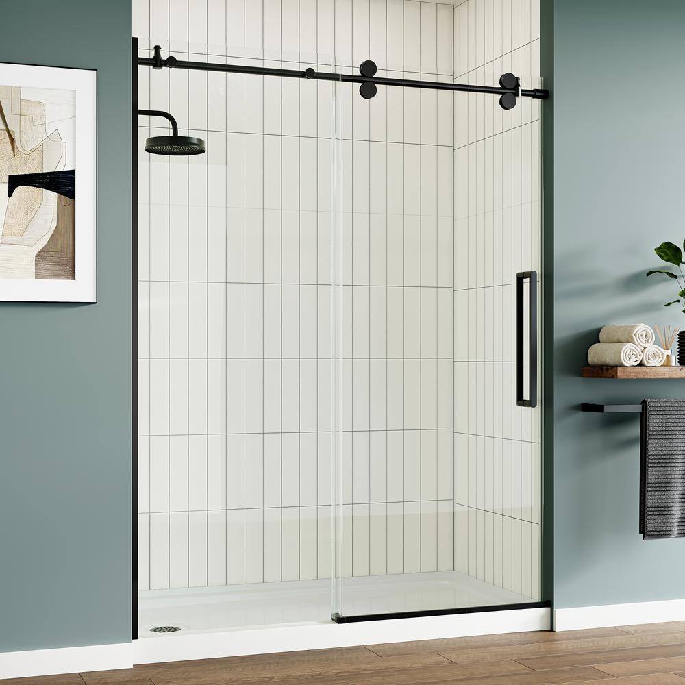 60" Matte Black Frameless Sliding Shower Door with Clear Glass
