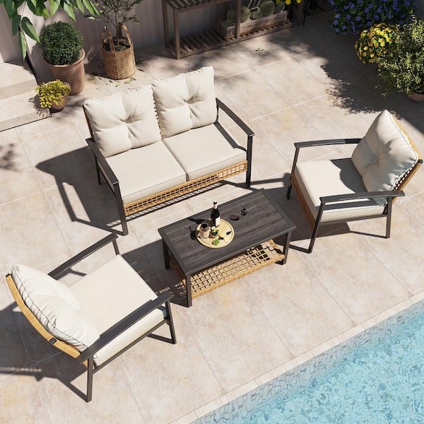 LAUSAINT HOME 4-Piece Steel Patio Conversation Set with Beige Cushions