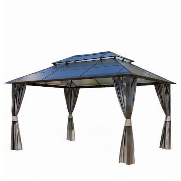 10 ft. x 13 ft. Gray Hardtop Gazebo, Polycarbonate Double Roof Canopy, Aluminum Frame Pavilion with Curtains and Netting