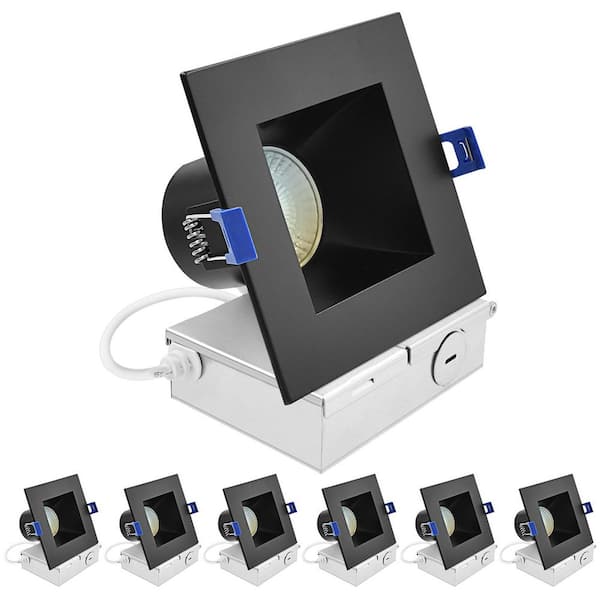 LUXRITE 4 in.Square Integrated LED Recessed Light J-Box 12W 5CCT 840LM Dimmable Canless Downlight Wet Rated IC Rated Black 6Pack