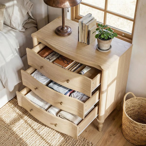 Natural 3-Drawer 32.8 in. Wide Dresser without Mirror with Solid Wood Legs, Curved Drawer, Anti-Tip for Living Room Use