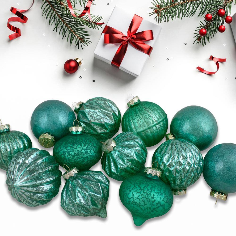 Green Ridged Glass Ball Christmas Ornaments Set of 12