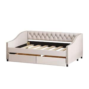 Beige Upholstered Daybed with Two Drawers