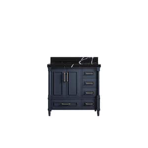 Hudson 36 in. W x 22 in. D x 36 in. H Left Offset Single Sink Bath Vanity in Navy Blue with 2 in. Calacatta Black qt Top