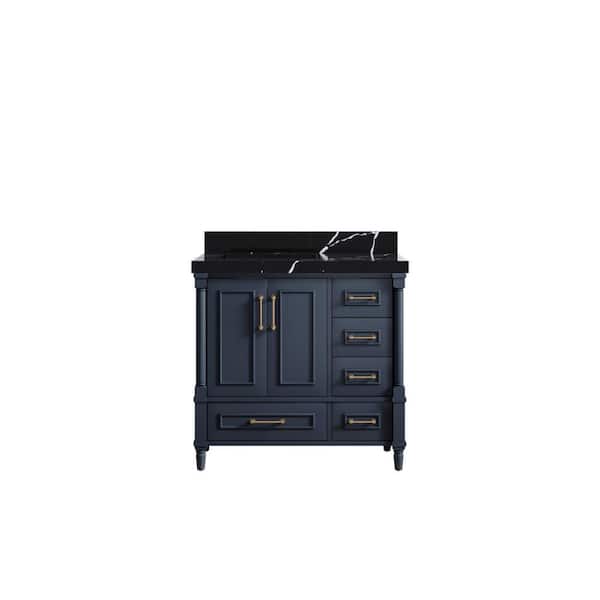 Willow Collections Hudson 36 in. W x 22 in. D x 36 in. H Left Offset Single Sink Bath Vanity in Navy Blue with 2 in. Calacatta Black qt Top