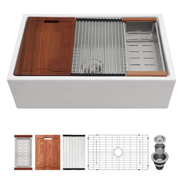 30 in. Undermount Single Bowl 16 Gauge White Ceramic Kitchen Sink with Dish Grid, Drying Rack, Cutting Board & Colander