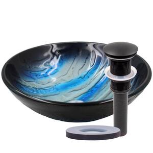 Blue and Silver Hand-Painted Glass Bathroom Round Vessel Sink with Drain in Oil Rubbed Bronze