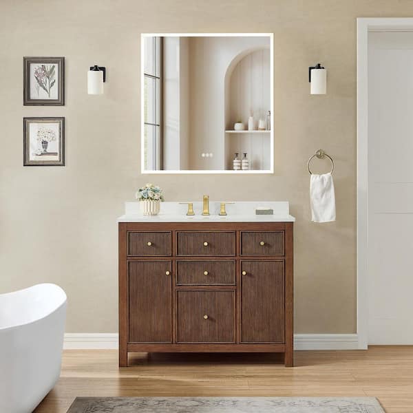 Pendry 42 in. Single Freestanding Dark Walnut with Brushed Gold Trim Bath Vanity with Giotto Quartz Top