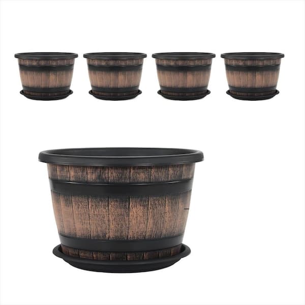 14 in. Dia x 9 in. H Brown Large Plastic Whiskey Barrel Planters with Drainage Holes and Saucer for Outdoor Set of 4