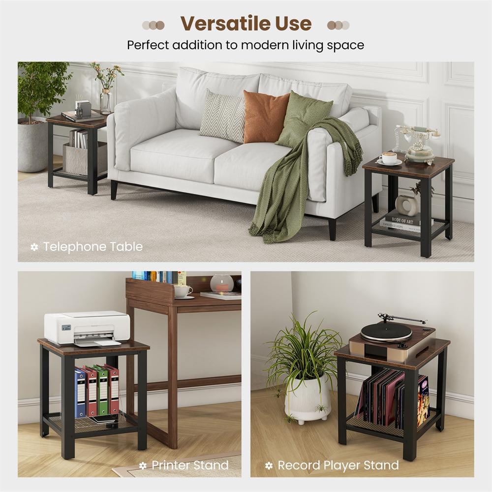 Industrial Black Metal and Wood 2-Tier End Table