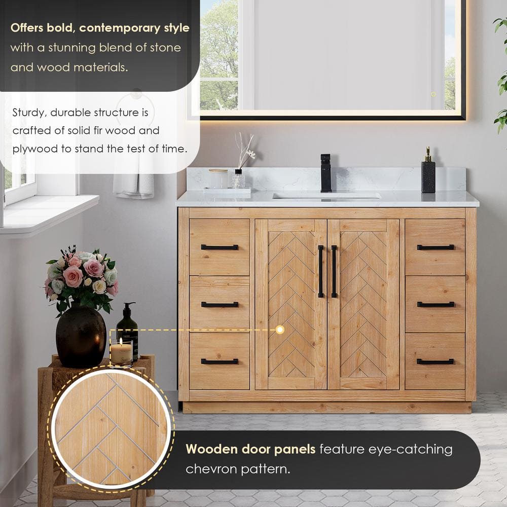 Anais 48" Light Brown Wood Vanity with White Stone Top and Mirror