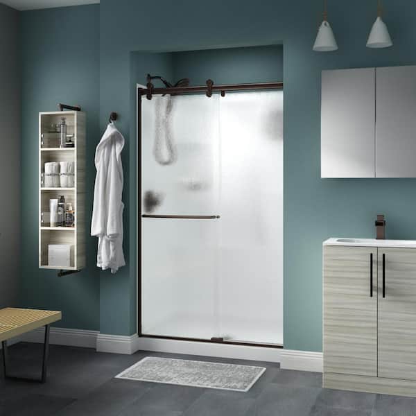Delta Simplicity Contemporary 43-3/8 to 47-3/8 in. W x 71 in. H Frameless Sliding Shower Door, Bronze, Rain Glass