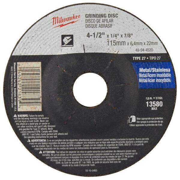 Milwaukee 41/2 in. x 1/4 in. x 7/8 in. Grinding Wheel (Type 27) 4994