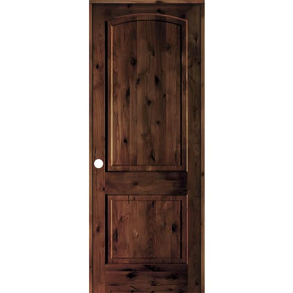 18 in. x 96 in. Rustic Knotty Alder 2-Panel Right Handed Red Mahogany Stain Wood Single Prehung Interior Door w/Arch Top
