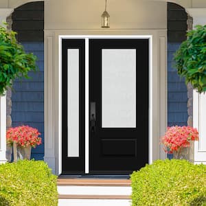 Legacy 53 in. W. x 80 in. 3/4 Lite Rain Glass LHOS Primed Black Finish Fiberglass Prehung Front Door with 14 in. SL