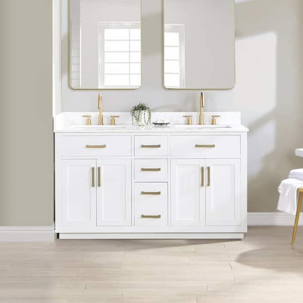 Altair Gavino 60 in. W x 22 in. D x 34 in. H Bath Vanity in White with Grain White Composite Stone Top