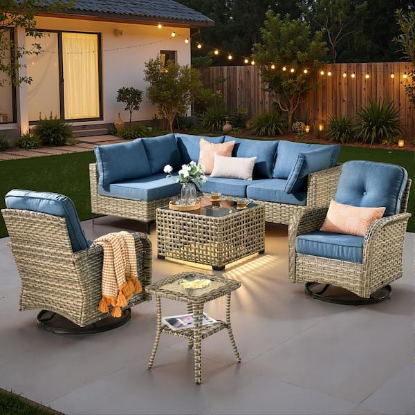 Melly Gray 8-Piece Wicker Patio Conversation Set with Denim Blue Cushions and Swivel Chairs
