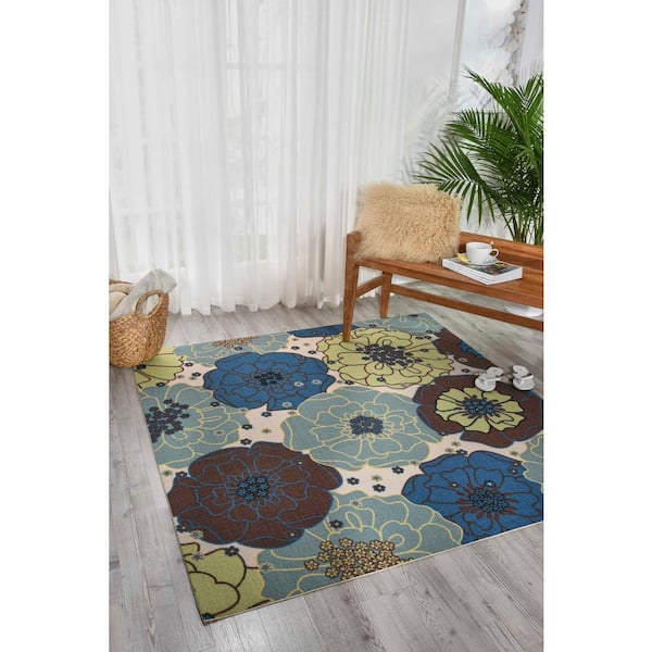 Home and Garden Chrysanthemum Light Blue 8 ft. x 11 ft. Floral Contemporary Indoor/Outdoor Patio Area Rug