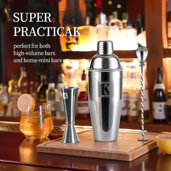 Lynzavix 3-Piece Stainless Steel Cocktail Shaker Set with Jigger and Bar Spoon - Personalized Monogram Initials