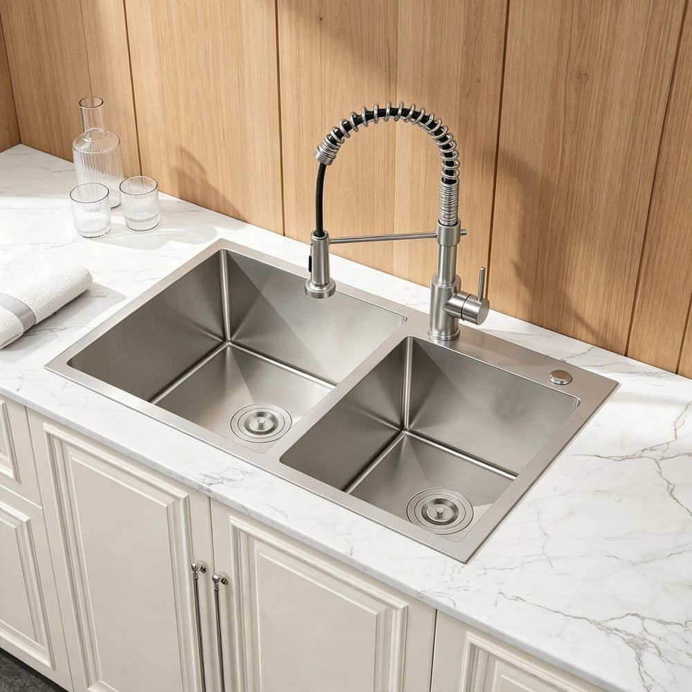 INSTER 32 in. x 19 in. Stainless Steel Double Bowl Drop-In Kitchen