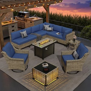 OVIOS Holly Gray 11-Piece Wicker Rectangle Fire Pit Patio