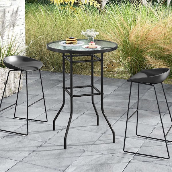 38 in. Metal Round Counter Height Outdoor Bar Table with Tempered Glass Tabletop Poolside