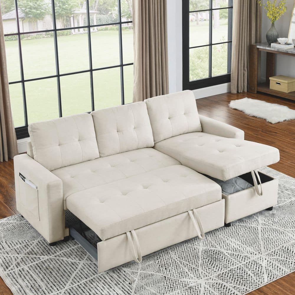 Beige 78.5 in. Reversible Polyester Full Size Sectional Sofa Bed with Stora