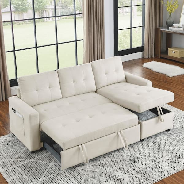 Beige 78.5 in. Reversible Polyester Full Size Sectional Sofa Bed with Storage Chaise and Side Pocket