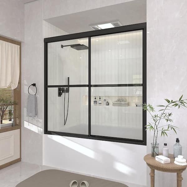 59 in. W x 56 in. H Sliding Framed Tub/Shower Door in Black with Clear Glass and Handles
