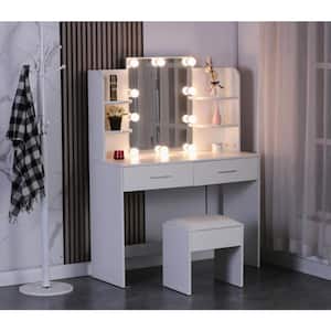 42.5 in. W x 16.1 in. D x 56.3 in. H White Linen Cabinet with Drawers, 10 Bulbs and Cushioned Stool