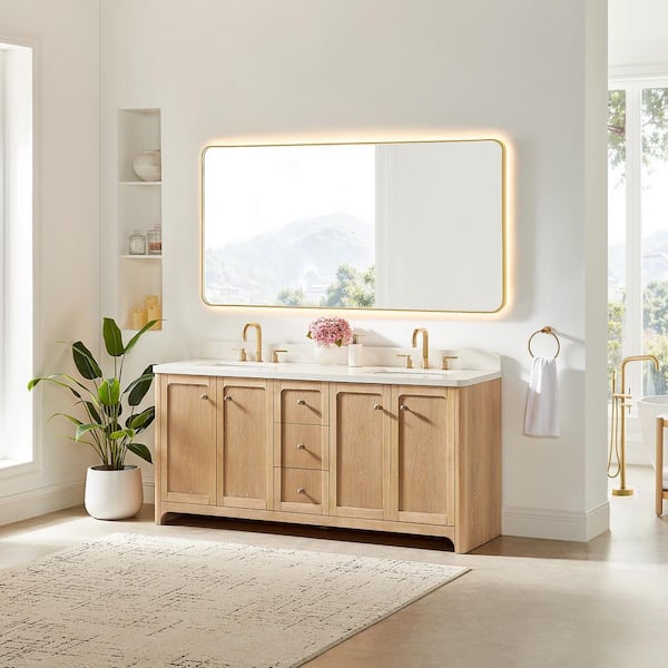 Milner 72 in. Double Freestanding Brushed Oak Bath Vanity with Grain White Engineered Stone Top Assembled