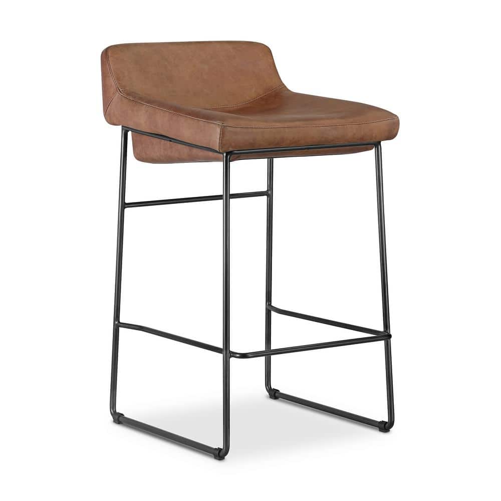 Cappuccino Leather Counter Stool with Iron Legs, Set of 2