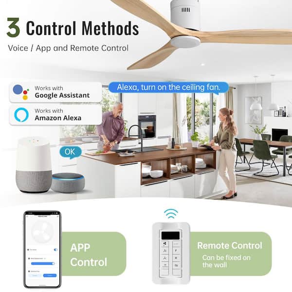 52 in. Smart Standard Indoor/Outdoor Wood Blades White Flush Mount Ceiling Fan with Romote&APP Control