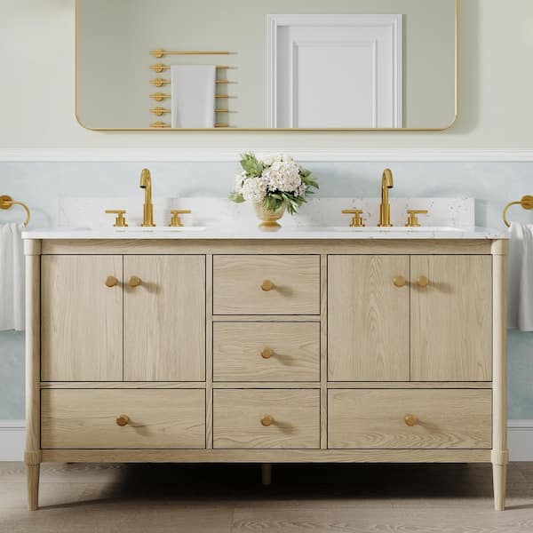 60 in. OAK Solid Wood Bath Vanity with Carrara White Quartz Top, Soft-Close Doors, Drawers, CUPC Certified, Assembled