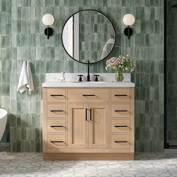 ARIEL Hepburn 42 in. W x 22 in. D x 36 in. H Single Freestanding Bath Vanity in Oak with Carrara White Quartz Top