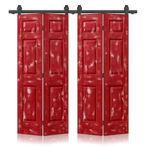 48 in. x 80 in. Vintage Red Stain 6 Panel MDF Double Hollow Core Bi-Fold Barn Door with Sliding Hardware Kit