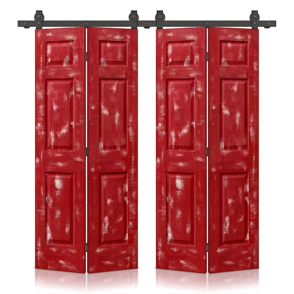 CALHOME 48 in. x 80 in. Vintage Red Stain 6 Panel MDF Double Hollow Core Bi-Fold Barn Door with Sliding Hardware Kit