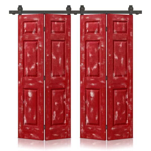 CALHOME 60 in. x 80 in. Vintage Red Stain 6 Panel MDF Double Hollow Core Bi-Fold Barn Door with Sliding Hardware Kit