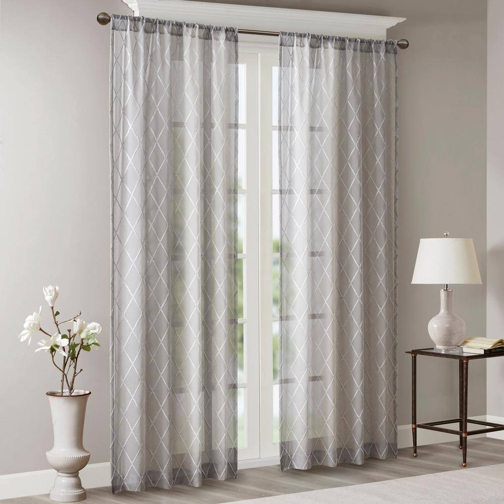 Gray Diamond Embroidered Sheer Rod Pocket Curtain Panel