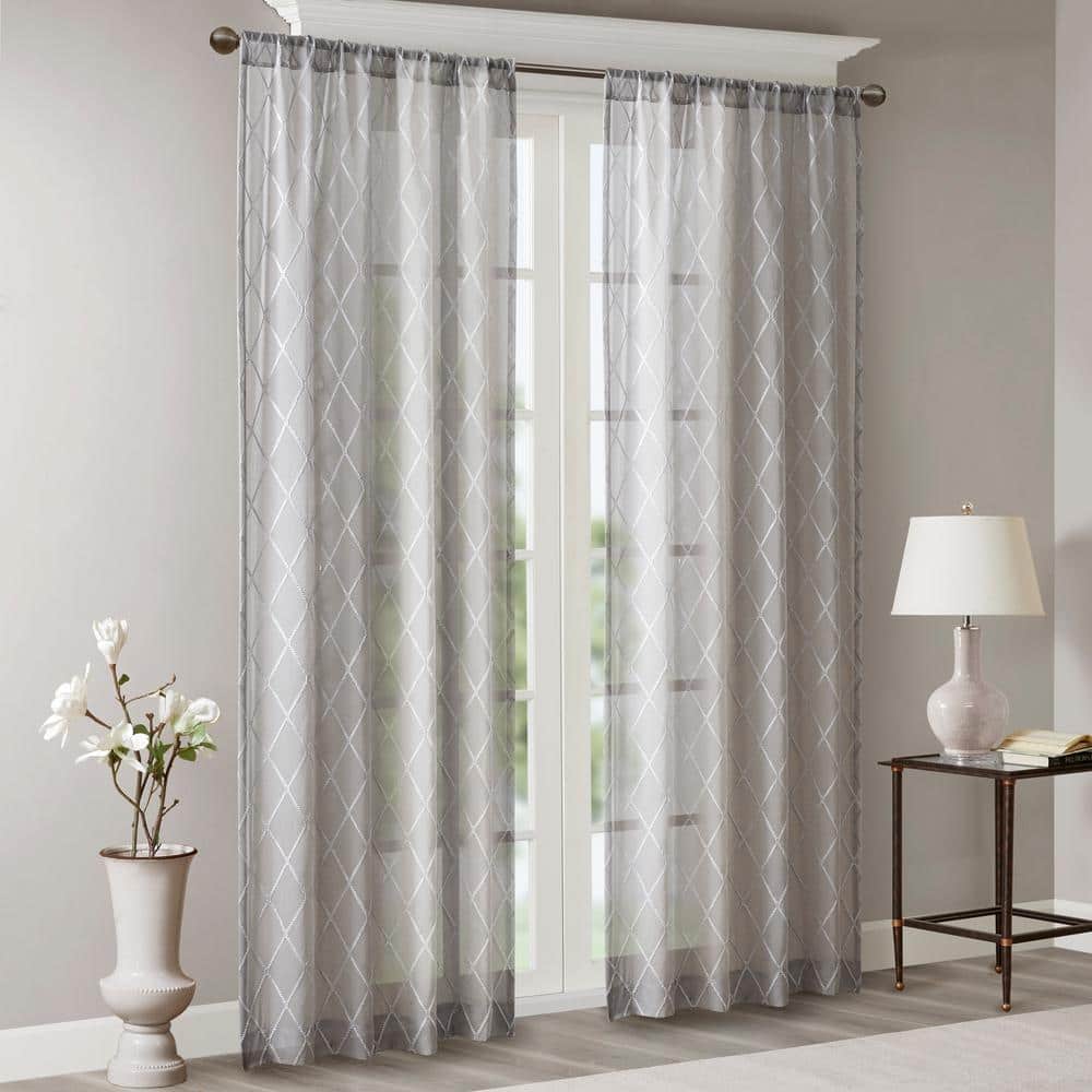 Gray Sheer Embroidered Rod Pocket Window Curtain Panel