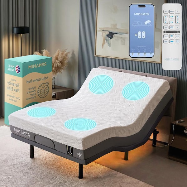 Gray Queen Adjustable Bed Frame Base with 14 in. Hybrid Mattress, Massage, Wireless Remote, Underbed Light Electric Bed