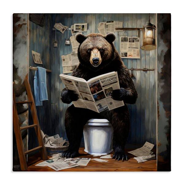 Bear with Newspaper Bathroom by Lazar Studio Unframed Graphic Art Print Animal 24 in. x 24 in.