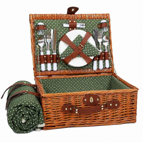 Green and White Spots Willow Picnic Basket Set for 4 with Insulated Cooler, Waterproof Blanket and Cutlery