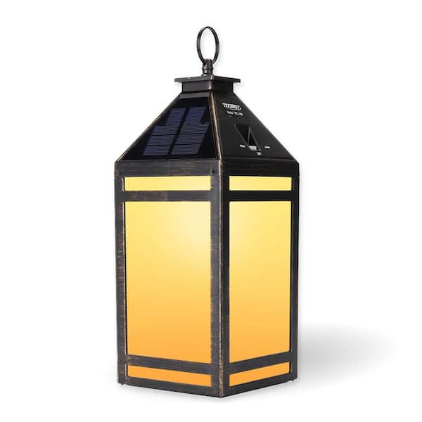 TECHKO Metallic Black Outdoor Solar Vintage Lantern Coach Sconce w/ Yellow/White Integrated LED Hanging Kit Ring Handle