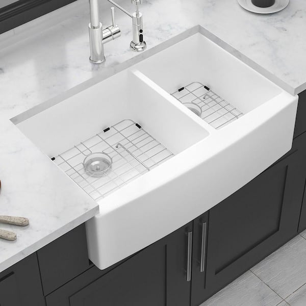 33 in. Farmhouse/Apron-Front Double Bowl(60:40) White Ceramic Kitchen Sink with Bottom Grids