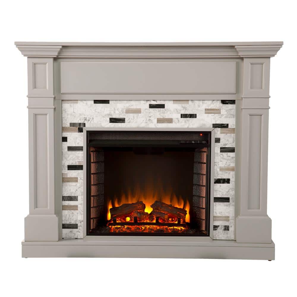Southern Enterprises Tanderson 48 in. Electric Fireplace in Gray, Gray finish w/ black/ gray/ and white marble -  HD474649