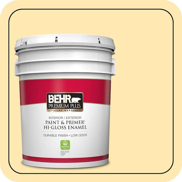 BEHR PREMIUM PLUS 5 gal. #330A-3 Lively Yellow Hi-Gloss Enamel Interior/Exterior Paint & Primer