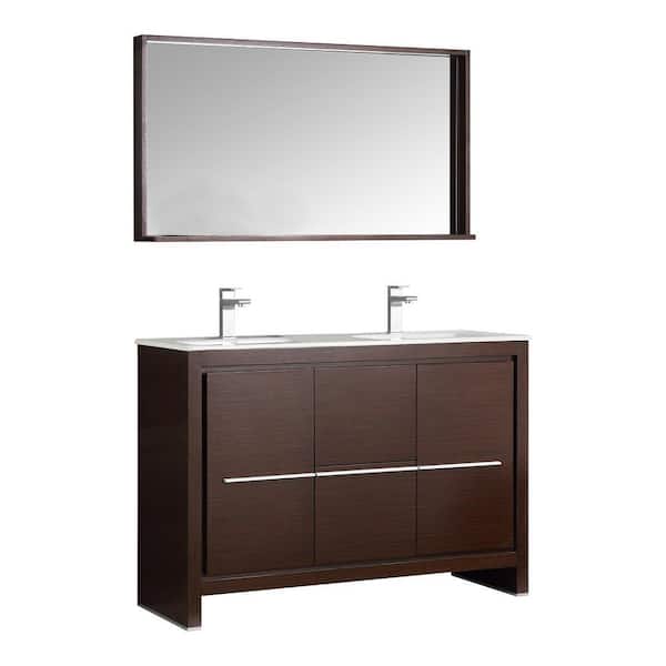 Fresca Allier 48 in. W Vanity in Wenge Brown with Ceramic Vanity Top in White with Double White Basin and Mirror