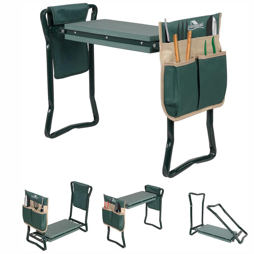 Outdoor 2-in-1 Metal Garden Stool and Kneeler, Garden Bench with Tool Bags,