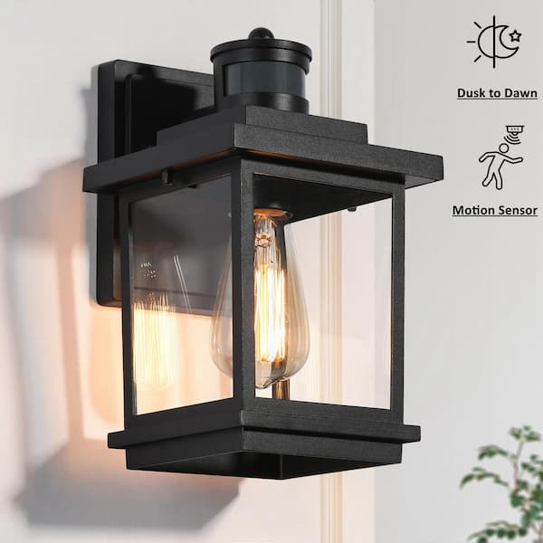 LNC Modern Motion Sensing Outdoor Wall Lantern Textured Black Wall Light with Clear Glass Shade for Outdoor Garage, Patio